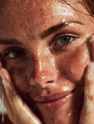 Model With Fresh Skin Enjoys a Cleansing Ritual in Serene Light