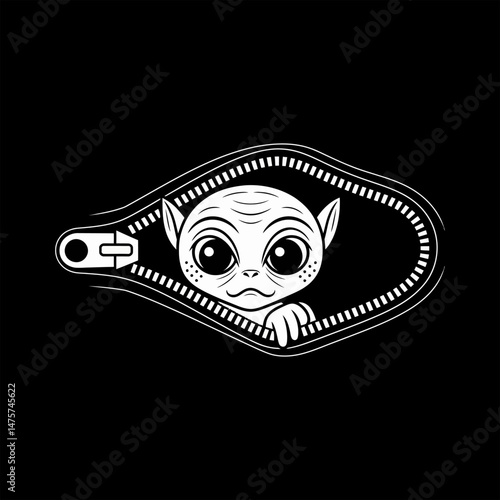 Adorable baby alien with big shiny eyes and wrinkled face peeking from a horizontal oval zipper, black background, minimalist cartoon style, monochrome white and black, vector illustration
