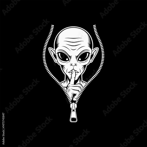 "Alien shushing inside zipper illustration – black and white mysterious extraterrestrial character making 'shh' gesture. Bold sci-fi concept for t-shirt design, conspiracy theories, and streetwear fas