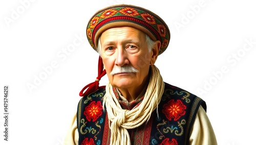 Fototapeta Naklejka Na Ścianę i Meble -  Goral mountain elder in colorful vest and round hat, symbolizing Carpathian highlander traditions with authentic, expressive realism and strong cultural pride.
