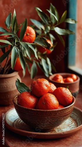 Vibrant Tangerines Arranged Beautifully in Rustic Pottery