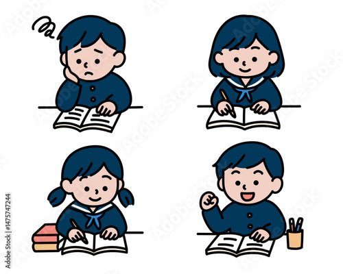 勉強中の学生4人セット イラスト