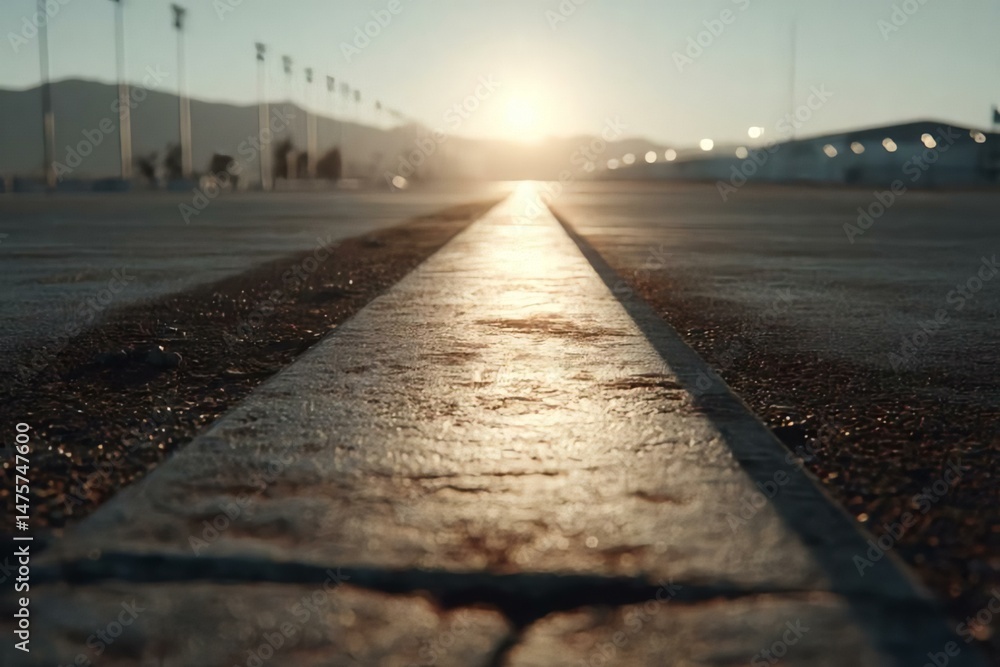 Fototapeta premium Sunset Over Empty Parking Lot with Long Shadows and Distant Mountains