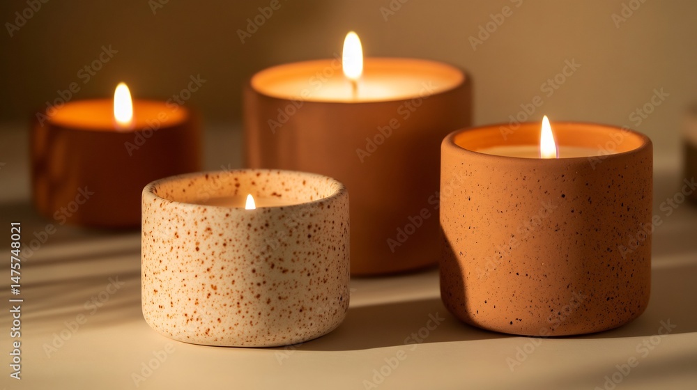 Artistic display of natural speckled ceramic warm terracotta candle holders light surface lit with warm candlelight rustic modern style soft ambient shadows cut out on isolated transparent background Artistic display of natural speckled ceramic warm terracotta candle holders light surface lit with warm candlelight rustic modern style soft ambient shadows cut out on isolated transparent background