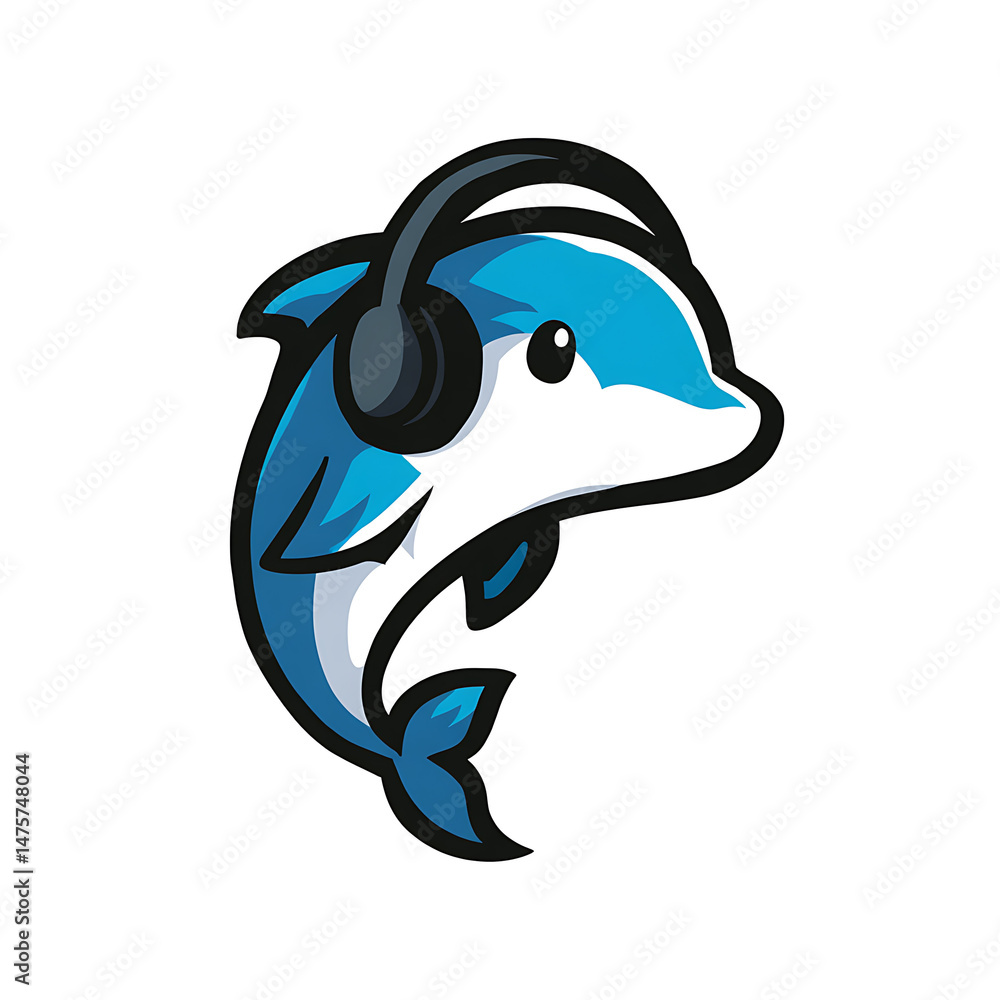 Naklejka premium Cartoon dolphin wearing headphones against a white backdrop, marine mammal graphic art, creative design.