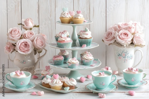 Wallpaper Mural Delicate pastel cupcakes and roses arranged on tiered stands and beside teacups Torontodigital.ca