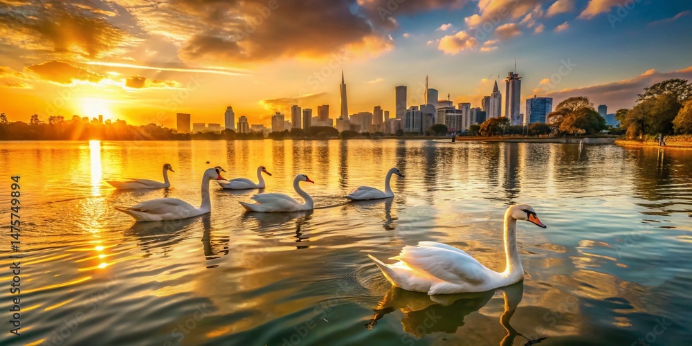 Fototapeta premium Majestic Australian Swans at Sunset, Albert Park, Melbourne