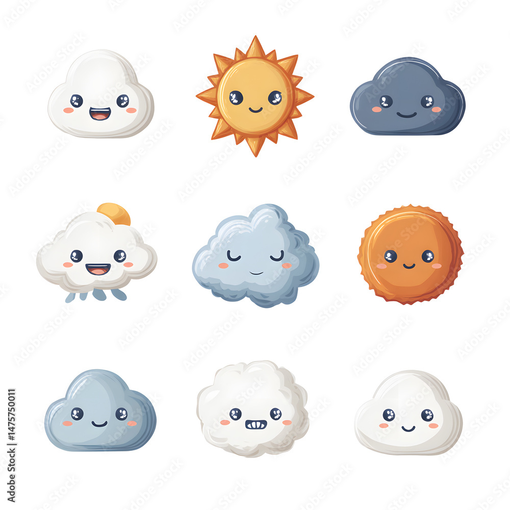 Obraz premium Cute Cartoon Weather Icons: Sunny and cloudy kawaii faces for weather themed designs and creative projects.