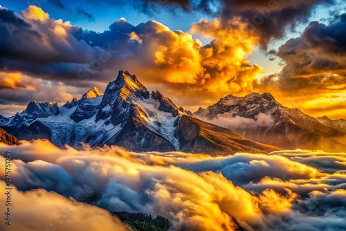 Majestic Mountain Peaks in Misty Clouds, Dramatic Blue Sky, Low Light Photography