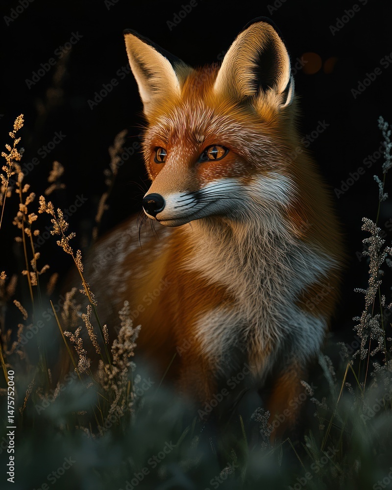 Fototapeta premium Close-up of a fox with rich orange and white fur standing calmly among tall grasses in dim lighting, evoking a serene and watchful mood