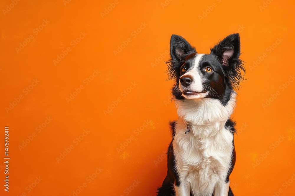 Fototapeta premium Alert black and white dog sitting and looking attentively against a vibrant orange background