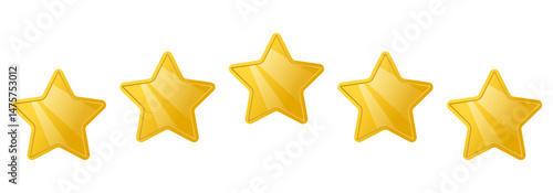 5 Stars with golden shine. Rating symbols, high score, quality mark. Vector clip art.
