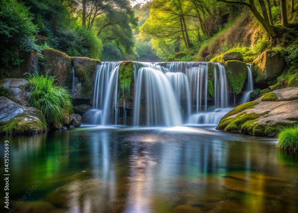Minimalist Galicia Waterfall: Calm River Surface Reflecting Wild Nature, Pontevedra, Spain Minimalist Galicia Waterfall: Calm River Surface Reflecting Wild Nature, Pontevedra, Spain