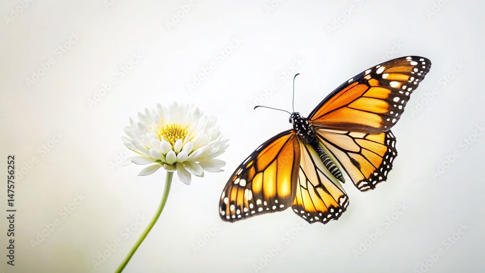 Fototapeta premium Minimalist Monarch Butterfly and Flower on White Background - Stock Photo