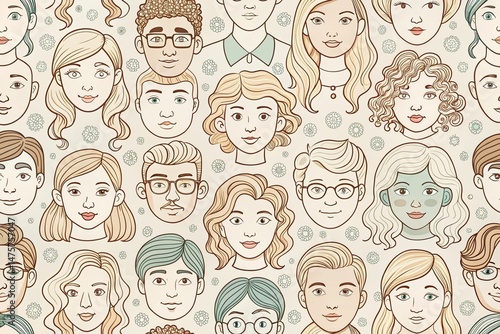 Minimalist Teen Faces Doodle Pattern: Line Art Youthful Style