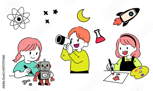 STEAM教育に取り組む子どもたちのイラストセット（ロボット制作・天体観測・お絵描き）