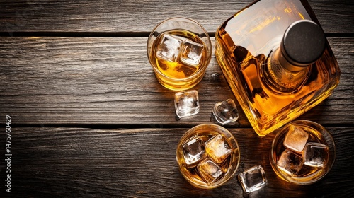 Whisky Bottles and Glasses with Ice Cubes on Dark Wooden Surface