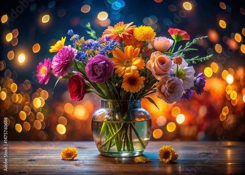Night Bloom: Vibrant Bouquet in Glass Vase, Dark Background, Soft Lighting