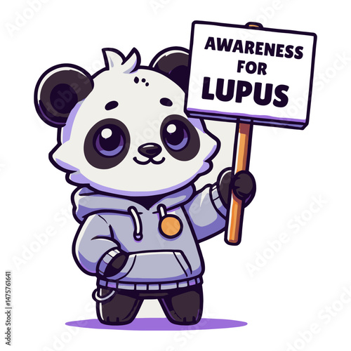 Cartoon Panda Holding Awareness for Lupus Sign in Gray Hoodie Illustration