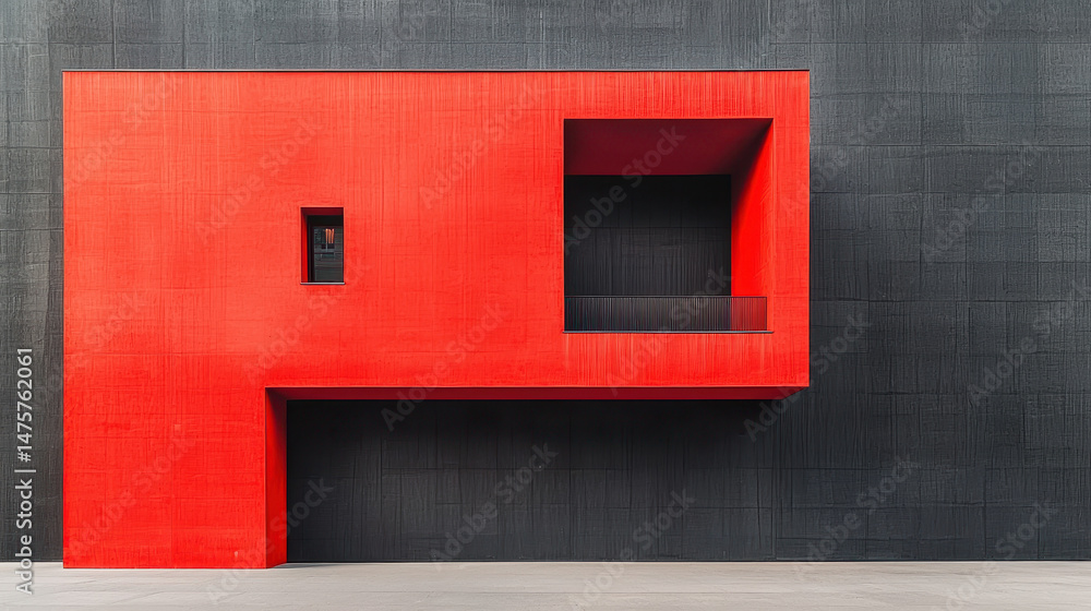 Fototapeta premium A modern metal building with geometric shapes painted in bright red stands out against a textured gray wall, creating a striking and contemporary design aesthetic.