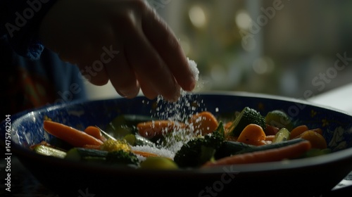 Sprinkling Salt Over Freshly Cooked Colorful Vegetables for Seasoning
