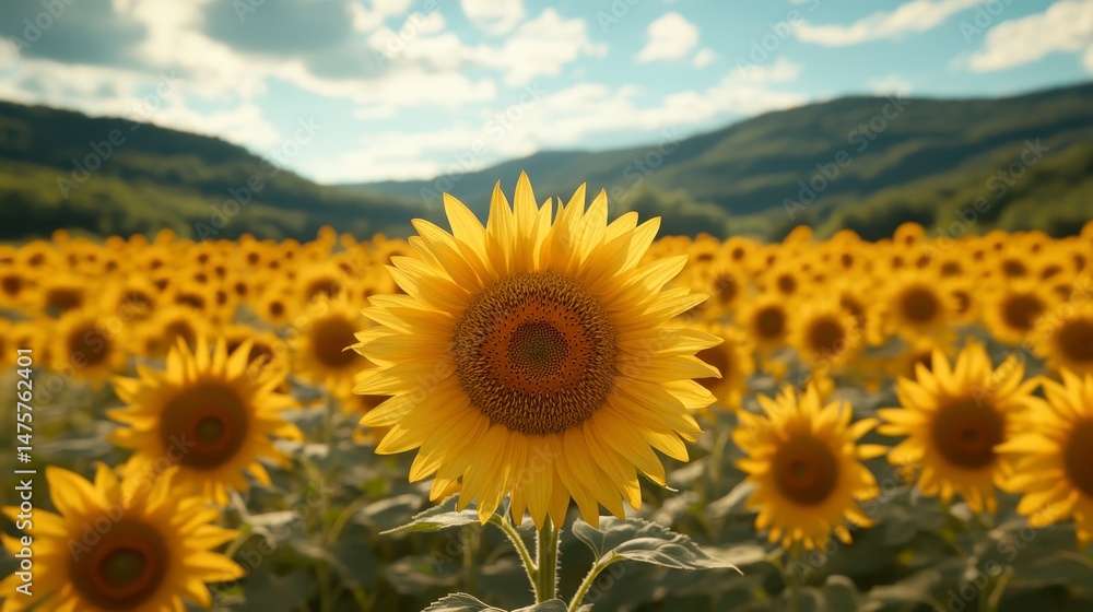 Fototapeta premium Sunflower field with mountain backdrop under bright sun and cloudy sky