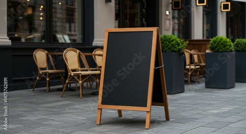 Outdoor blank chalkboard menu board at a cafe patio.