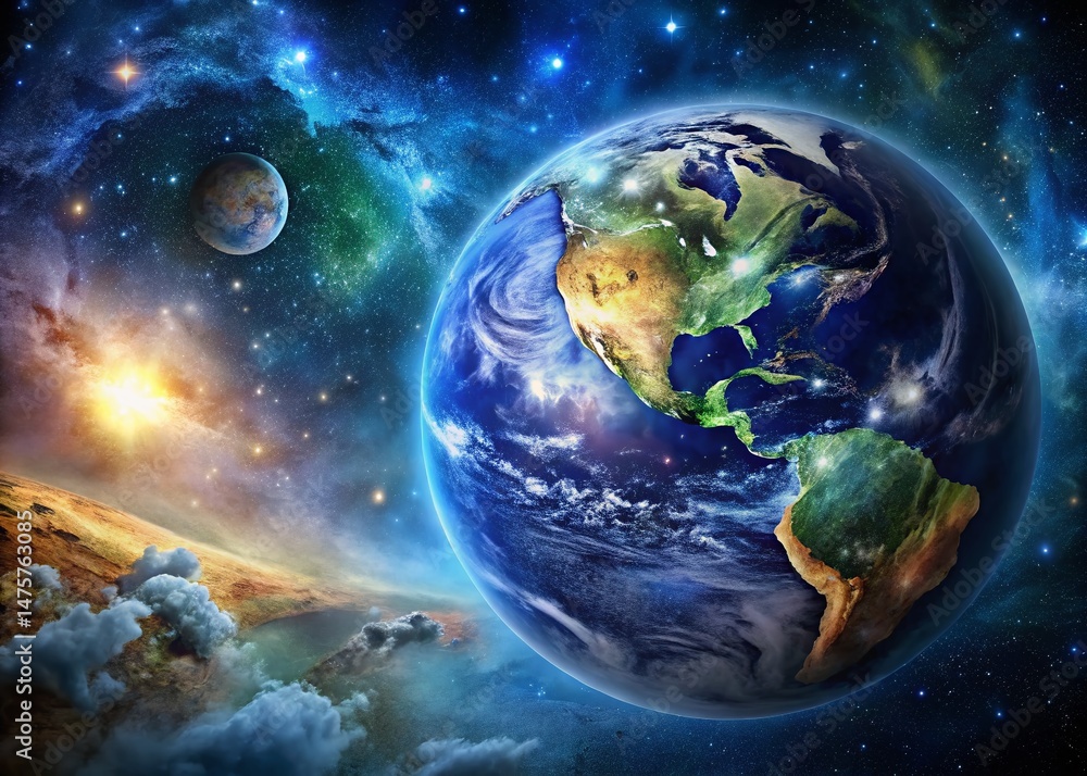 Obraz premium Panoramic Earth: Vibrant Planet Against Cosmic Backdrop - Stunning Celestial Stock Photo