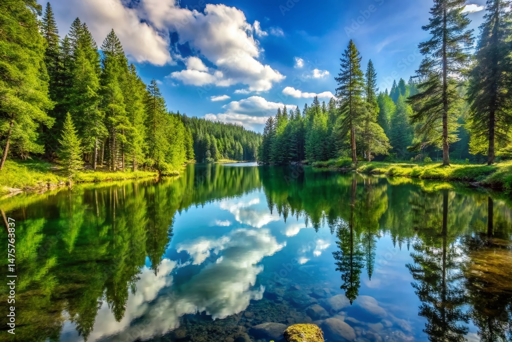 Panoramic Summer Lake in Pine Forest: Calm Water Reflection Panoramic Summer Lake in Pine Forest: Calm Water Reflection