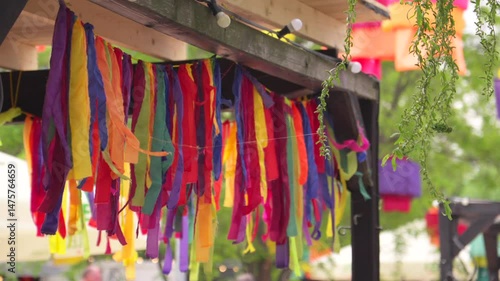 Colorful ribbons hanging as decorations for a festive event