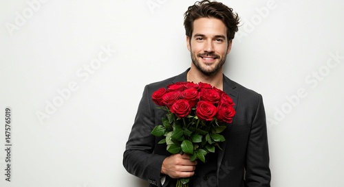 Fototapeta Naklejka Na Ścianę i Meble -  Smiling man in suit holding a bouquet of red roses against white background