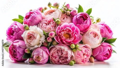 Pink Peonies & Roses Bouquet, Isolated White Background - Stock Photo