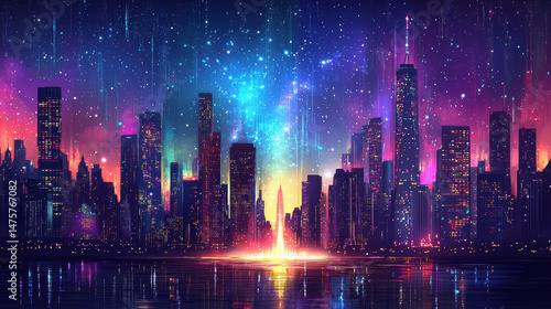 Wallpaper Mural A dynamic water fountain shoots up from the river with lively colored lights against the backdrop of a brightly lit skyline on a dark starlit night. Torontodigital.ca