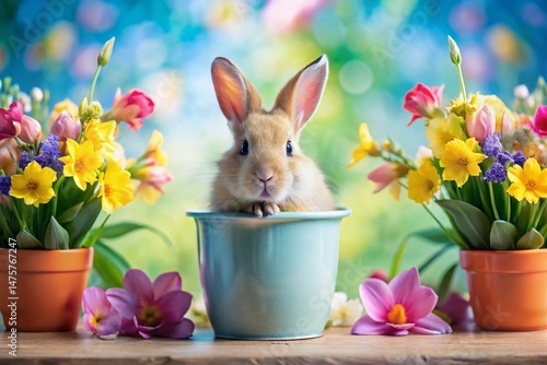 Playful Bunny in Pastel Pot with Spring Flowers - Easter Stock Photo