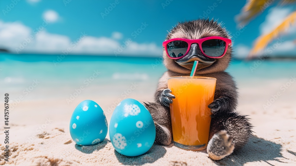 Obraz premium A cute duckling wea sunglasses enjoys a refreshing orange juice drink on a tropical beach with Easter eggs.
