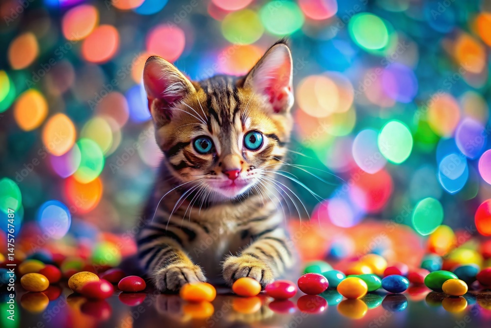 Playful Toyger Kitten with Colorful Candy - Double Exposure Stock Photo Playful Toyger Kitten with Colorful Candy - Double Exposure Stock Photo