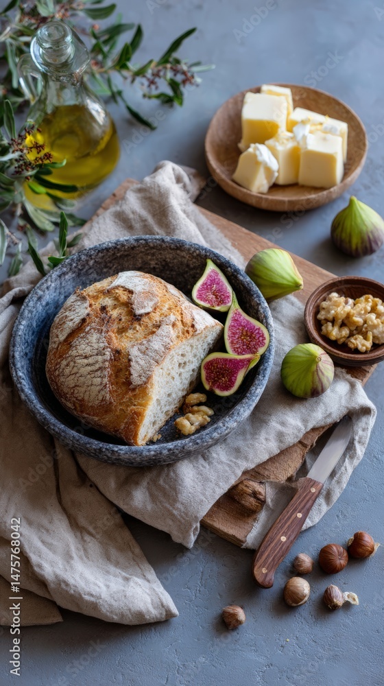 Fototapeta premium Fresh sourdough with figs, walnuts, and butter on linen in rustic setting