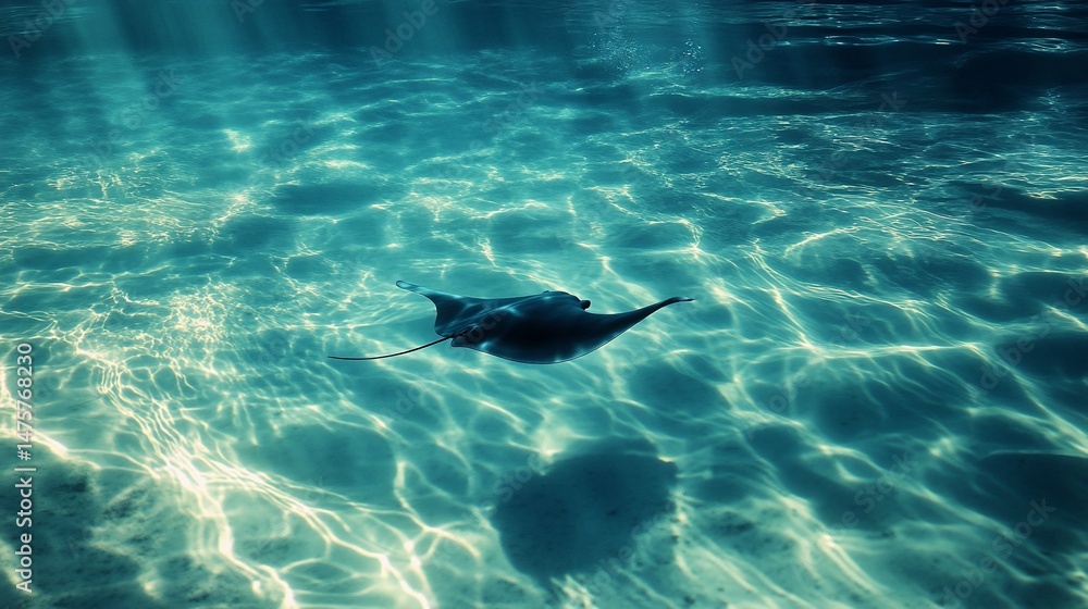 Fototapeta premium Graceful manta ray swimming peacefully under the ocean's turquoise surface with sun rays
