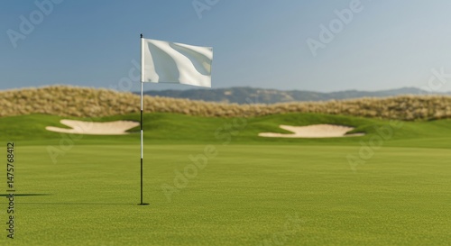 Golf course with a blank white flag mockup on a sunny day.