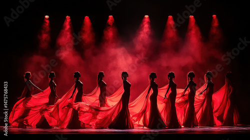 Dynamic dancers in red gowns move gracefully with flowing fabric, illuminated by vibrant stage lights captu fluid motion du theatrical performance.