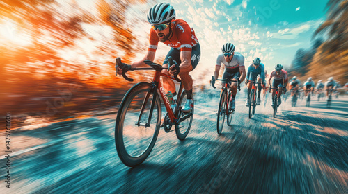 Dynamic cyclists racing through sunlit city streets with energetic speed, showcasing athleticism and endurance in a competitive road race event du daytime.