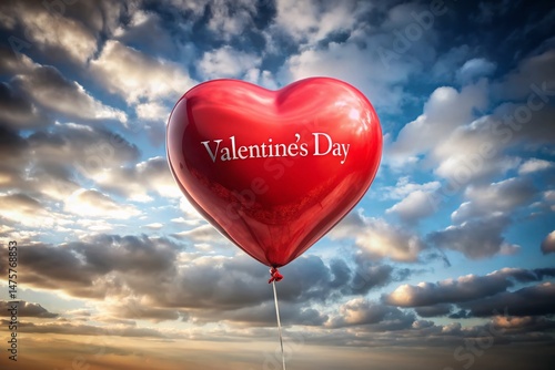 Red Heart Balloon Floating Grey Sky - Valentine's Day Aerial Stock Photo