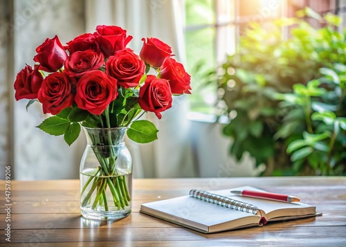 Red Roses Bouquet in Glass Vase with Notebook and Pen - Copy Space for Text - High-Resolution Stock Photo