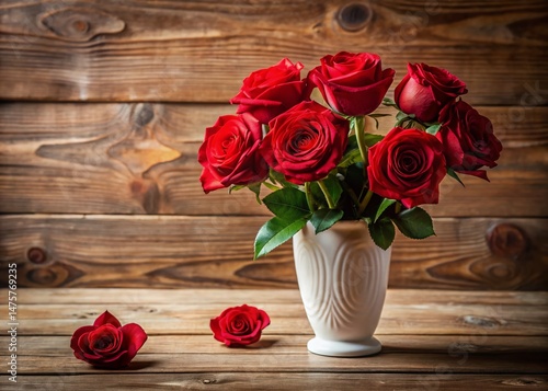 Red Roses in White Glass Vase on Wooden Table - Romantic Floral Still Life Photography
