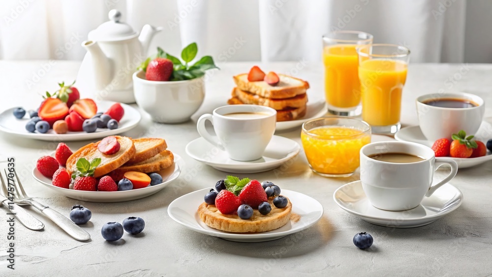 Romantic Hotel Breakfast for Two: Delicious Food on White Background Romantic Hotel Breakfast for Two: Delicious Food on White Background