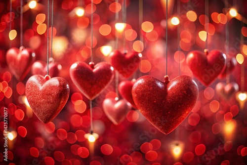 Romantic Red Hearts Hanging Against a Blurred Red Bokeh Background - Valentine's Day Stock Photo