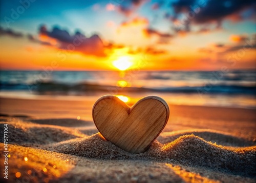 Romantic Silhouette: Single Wooden Heart in Sandy Beach Sunset