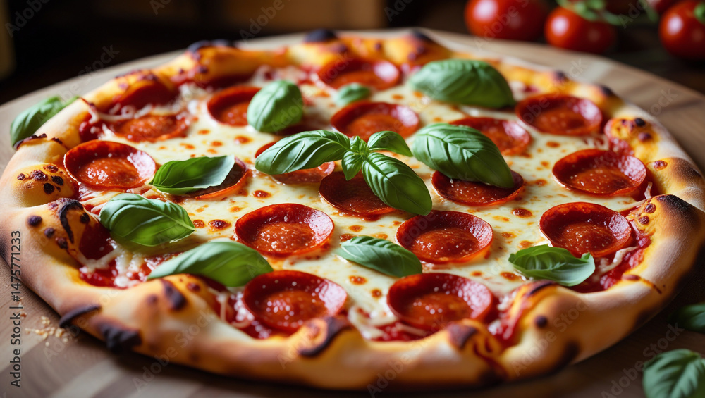 © Ikhsan - Pepperoni Pizza with Fresh Basil Leaves and Melted Mozzarella Cheese