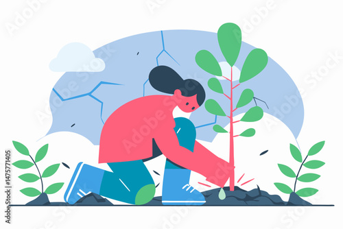 A person kneels to plant a young tree sapling in cracked, dry earth, with surrounding greenery and a cloudy sky, symbolizing environmental conservation, reforestation, or new beginnings.