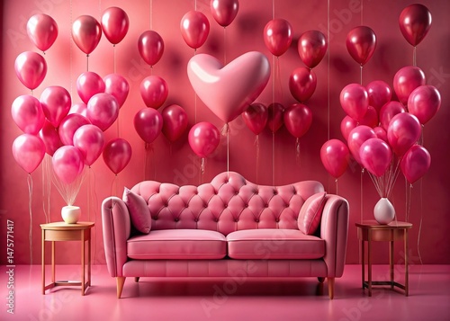 Romantic Valentine's Day Pink Sofa & Heart Balloons Stock Photo